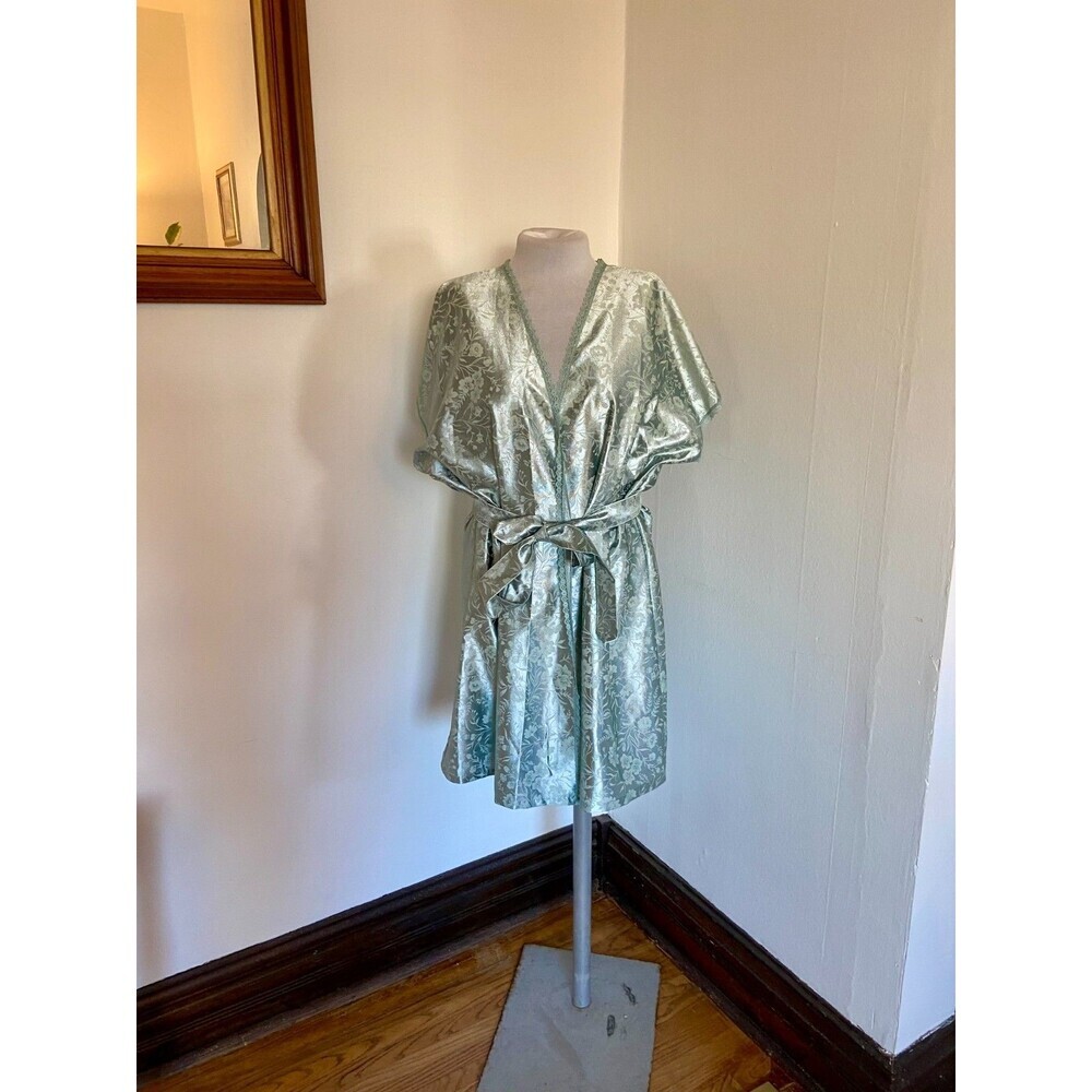 Feather Bed Intimates VTG Mint Green Blue Robe Short Sleeve Floral Jacquard Lace